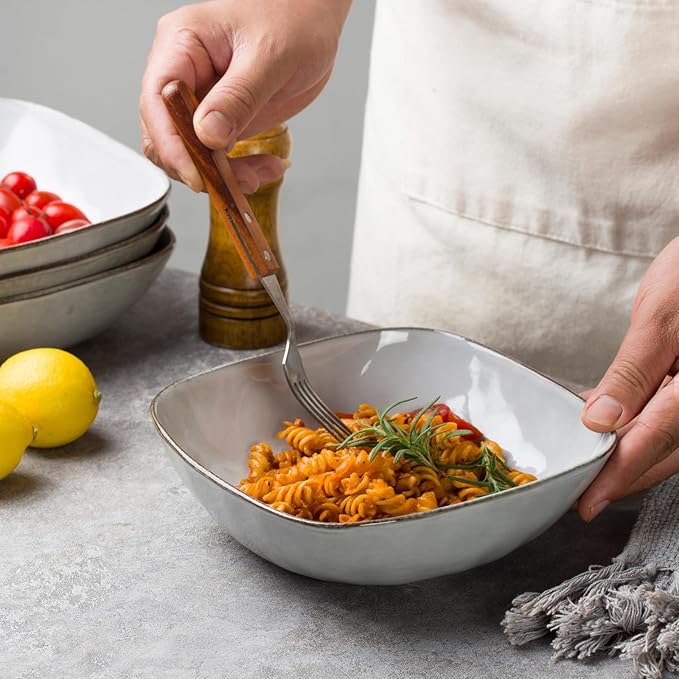 famiware Large Pasta Bowls Set of 4, Ocean Square 8" Bowls, Pasta Serving Bowl Large Dinner Bowls, Kitchen Bowl Set, Microwave and Dishwasher Safe, Scratch Resistant, Grey