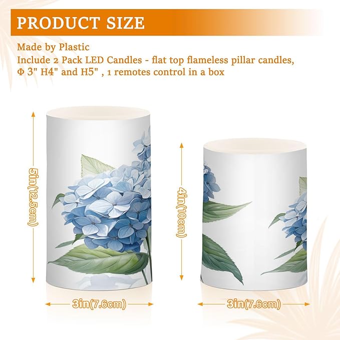 ALAZA Blue Hydrangea Flowers Flickering Flameless Candles Battery Operated with Remote Timer,Tea Light Candles LED Pillar Votive Candles Set of 2 for Outdoor Indoor Decorations
