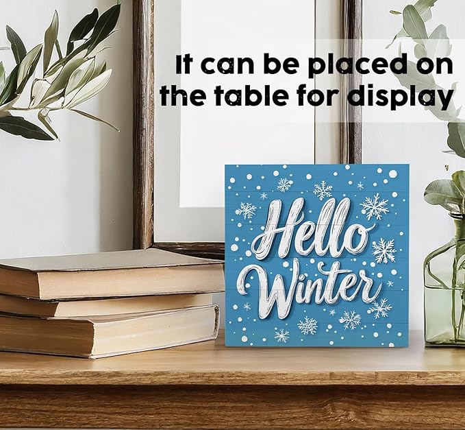 Hello Winter Sign, Blue Winter Snowflake Wooden Box Sign, Blue Christmas Decorations, Farmhouse Christmas Wood Signs for Home Office Desk Table Shelf Decor, 6x6 Inch
