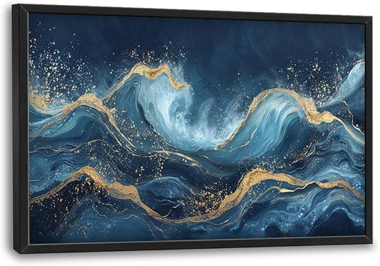Lovira Abstract Blue Gold Wave Large Wall Art Aesthetic Canvas Wall Decor Pictures Prints Painting Framed Modern Artwork Home Decorations for Living Room Bedroom Bathroom Office 24"x36"