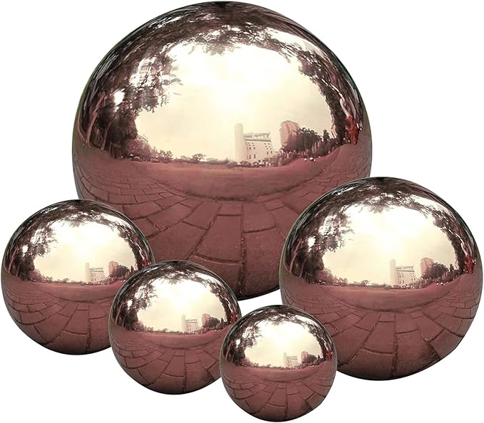 Nerien Gazing Ball, Stainless Steel Garden Mirror Globe, Polished Ornament Sphere, Hollow Floating Reflective Hemisphere, for Home Outdoor Pond Housewarming Swimming Pool Decoration, Rose Gold, 5Pcs