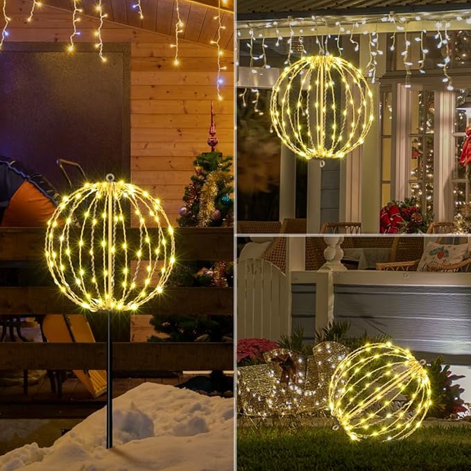 LIGHTSHARE 12IN 96LED Light Ball Yard Decoration Pathway Lights Sphere Light with Fold Flat Metal Frame Indoor Outdoor Waterproof Garden Lights, Plug in