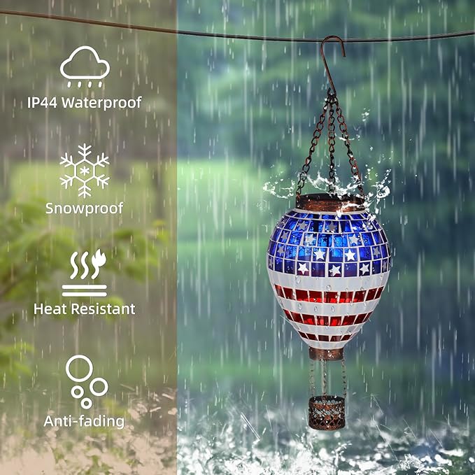 VOREEN American Flag Hot Air Balloon Solar Lantern, Mosaic Solar Outdoor Hanging Wind Light, IP44 Waterproof, Patio Festive Decor, Patriotic Theme, Easter Gifts for Mom Grandma