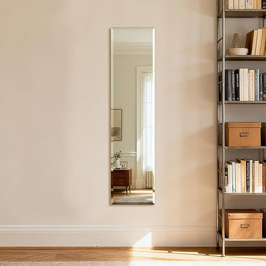 Ruomeng Frameless Full Length Mirror for Wall, 48x12 Inch Bathroom Vanity Mirror Farmhouse, Large Rectangle Mirror with Beveled Edge, Tempered Glass, Hangs Horizontally or Vertically