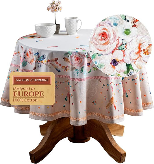 Maison d' Hermine Table Cloth Round Table 100% Cotton 63 Inches Tablecloth Reusable Decorative Everyday Use for Dining Room, Farmhouse, Home, Party, Festive & Wedding Spring Summer - Ibiza - Beige