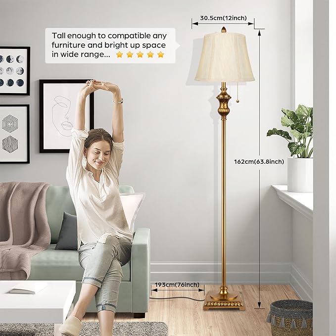 Gold Vintage Floor Lamp for Living Room, Traditional Mid-century Floor Lamp with Elegant Silk Fabric Lampshade, 64inch Tall Standing Lamp Bedroom LED Pole Lamp, Retro Stand Up Lamp for Home Office