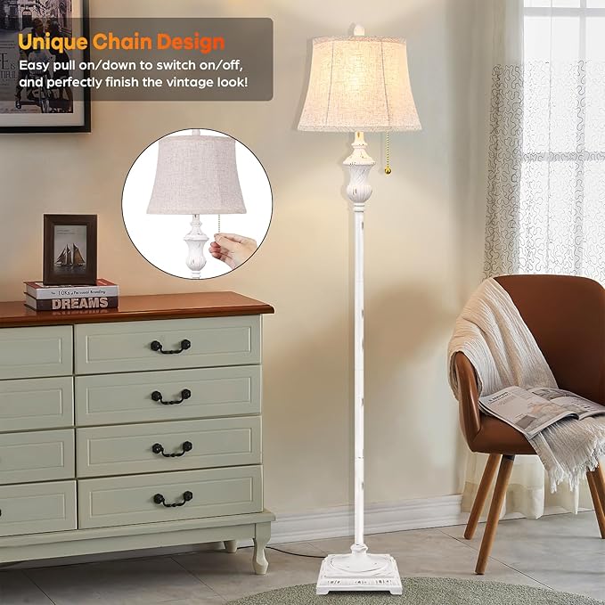 TOBUSA Rustic Vintage White Floor Lamp for Living Room Bedroom, 64inch Traditional Tall Floor Lamp with White Linen Shade, Retro LED Standing Pole Lamp Upright Floor Light for Home Decor, Pull Chain
