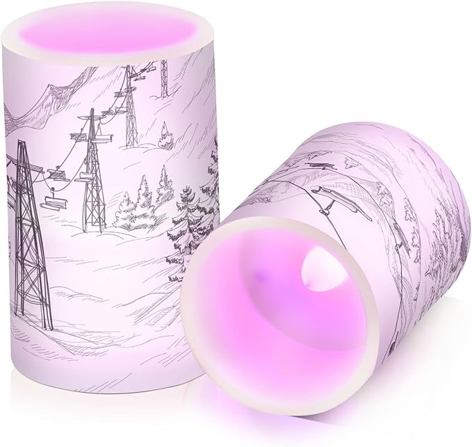 ALAZA Mountain Ski Lift Sketch Flickering Flameless Candles Battery Operated with Remote Timer,Tea Light Candles LED Pillar Votive Candles Set of 2 for Outdoor Indoor Decorations