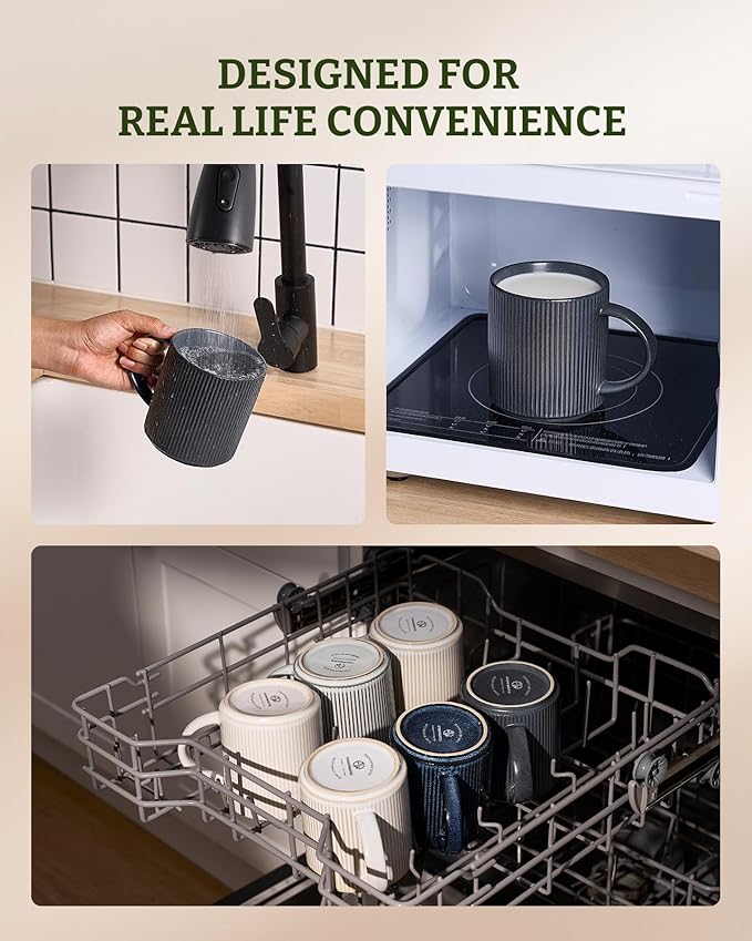 famiware Coffee Mug Set for 6, Star 16 oz Catering Mugs Cup Set with Handle for Coffee, Tea, Cocoa, Milk - Ceramic Stoneware Drinkware Set, Matte Dark Charcoal