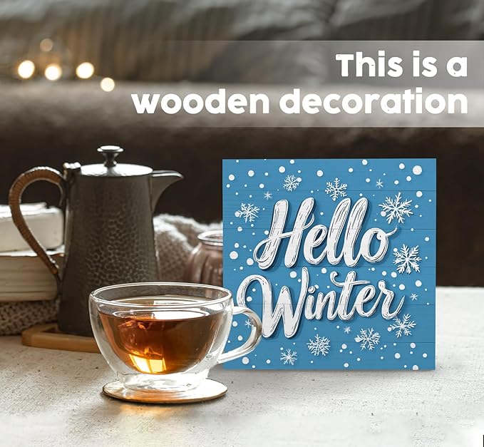 Hello Winter Sign, Blue Winter Snowflake Wooden Box Sign, Blue Christmas Decorations, Farmhouse Christmas Wood Signs for Home Office Desk Table Shelf Decor, 6x6 Inch
