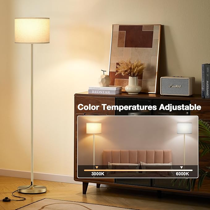 Ambimall 60'' Modern Floor Lamp with Remote, Tall Lamps for Living Room, Bedroom, Office, Dining Room, Beige Shade with Gold Pole(Included Bulb)