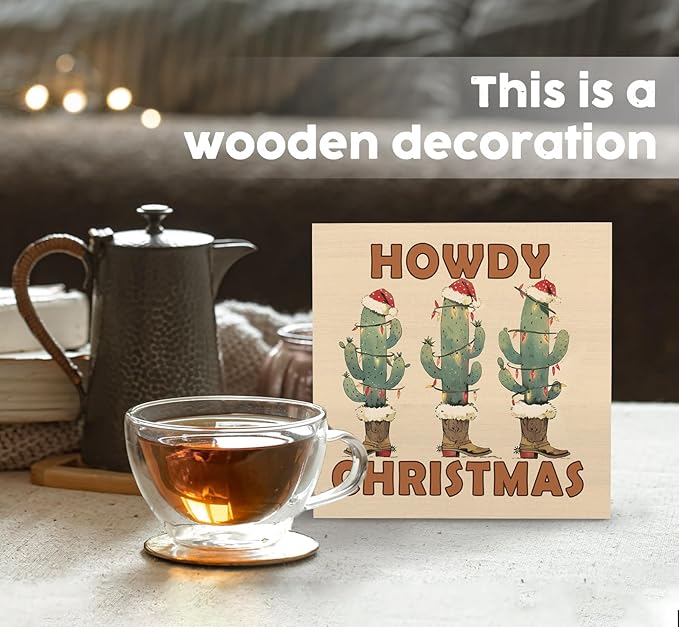 Howdy Christmas Western Cactus Cowgirl Boots Wooden Box Sign, Country Christmas Wood Signs For Home Office Desk Shelf Table Decor, Western Decorations, 6x6 Inch