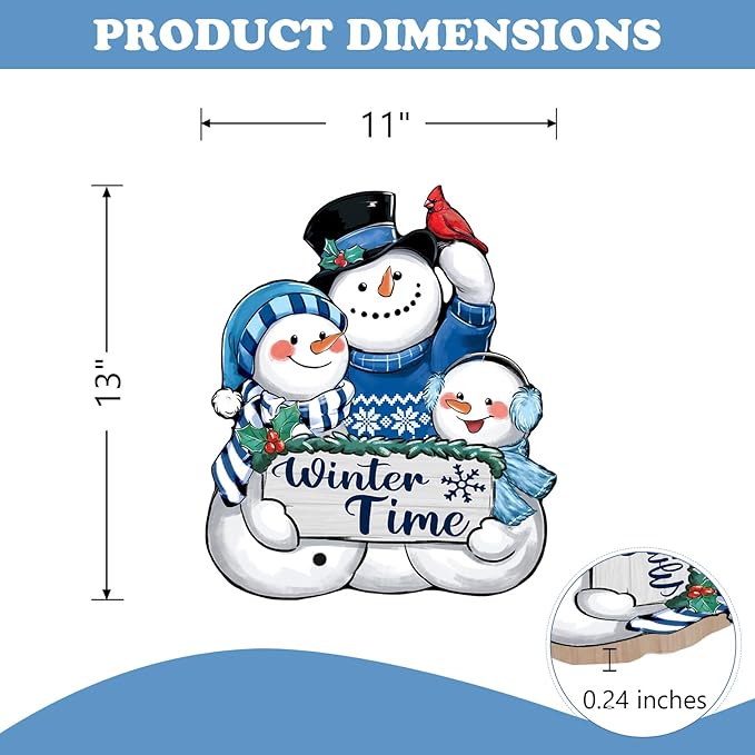 Winter Time Snowman Blue Front Door Sign, Cardinal Red Bird Wood Door Hanger Outdoor Outside Porch Decor, Christmas Seasonal Wooden Wreath Indoor Wall Hanging Decoration