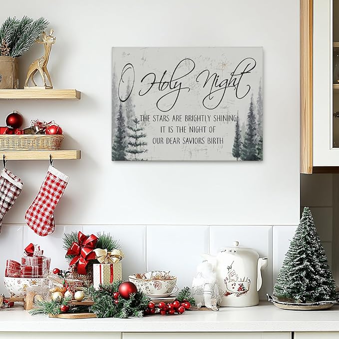 BIWSHA Christmas Wall Decor, Vintage Christmas Canvas Wall Art, Christian O Holy Night Winter Wall Decor, Inspirational Bible Verse Christmas Decoration Gifts for Office Living Room Bedroom Kitchen 11x14 Inch
