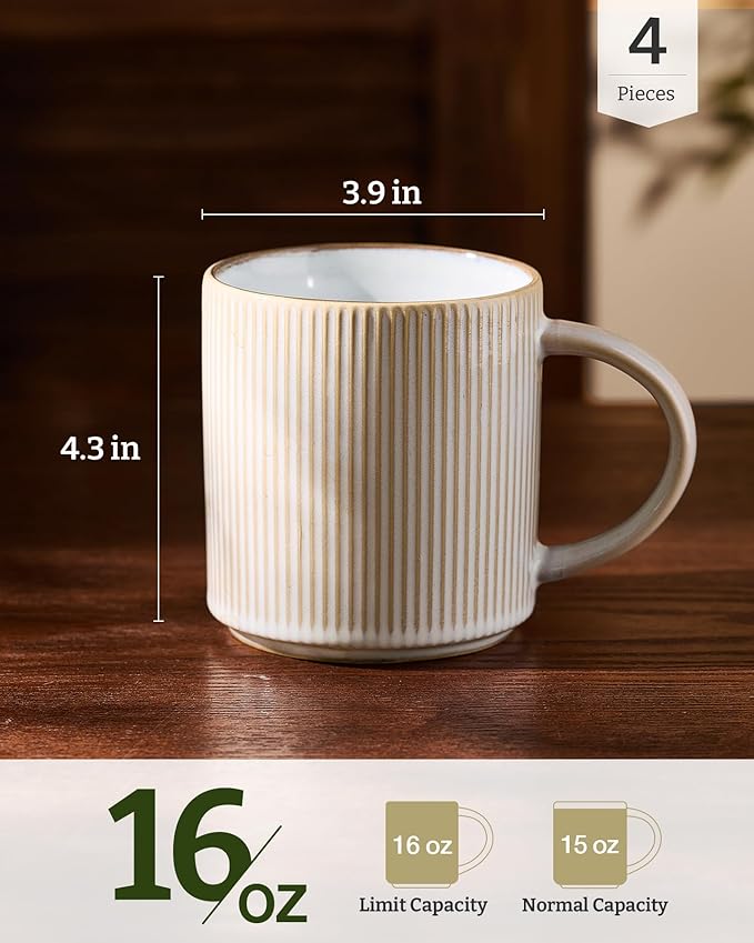 famiware Coffee Mug Set for 4, Star 16 oz Catering Mugs Cup Set with Handle for Coffee, Tea, Cocoa, Milk - Ceramic Stoneware Drinkware Set, Cappuccino White