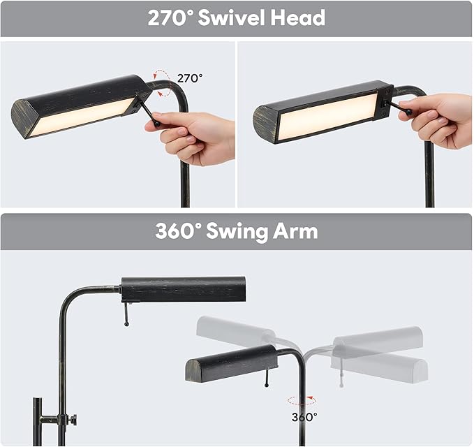 VONLUCE LED Floor Lamp, 62.5" Industrial Floor Lamp for Living Room with Adjustable Height Swing Arm Head 3 Color Temperatures, Metal Standing Pole Lamp for Bedroom Reading, Rustic Black