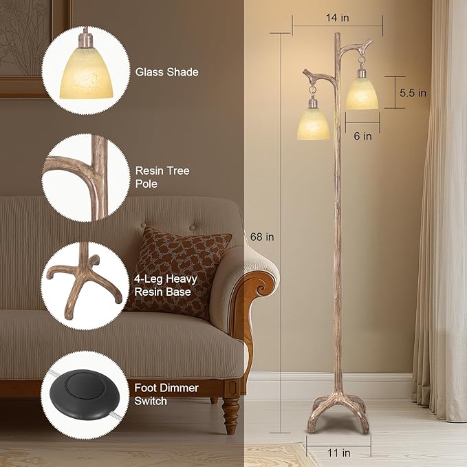 68" Farmhouse Floor Lamp with Glass Shade for Living Room, Vintage Standing Lamp for Bedroom, Rustic Floor Lamp Stepless Dimmable Tree Trunk Tall Lamp for Home Room Office Decor (Bulb Included)