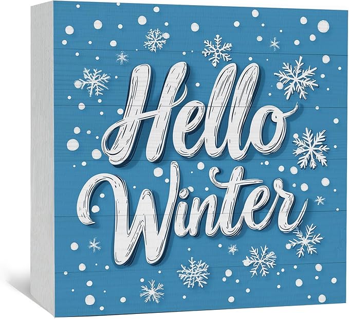 Hello Winter Sign, Blue Winter Snowflake Wooden Box Sign, Blue Christmas Decorations, Farmhouse Christmas Wood Signs for Home Office Desk Table Shelf Decor, 8x8 Inch