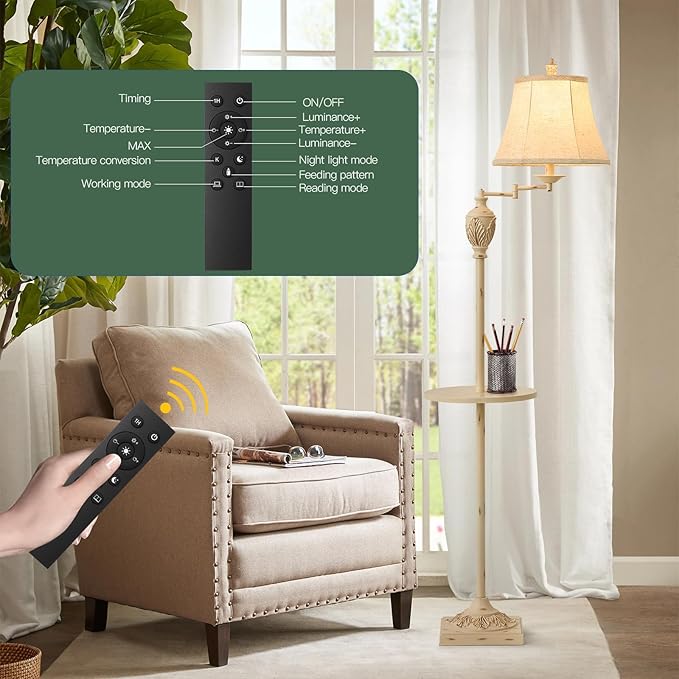 Traditional LED Floor Lamp with 350° Adjustable Swing Arm Lamp – Vintage Standing Pole lamp for Living Room, Bedroom and Office – Rustic Upright Floor Light for Home Décor with Silk Fabric Shade