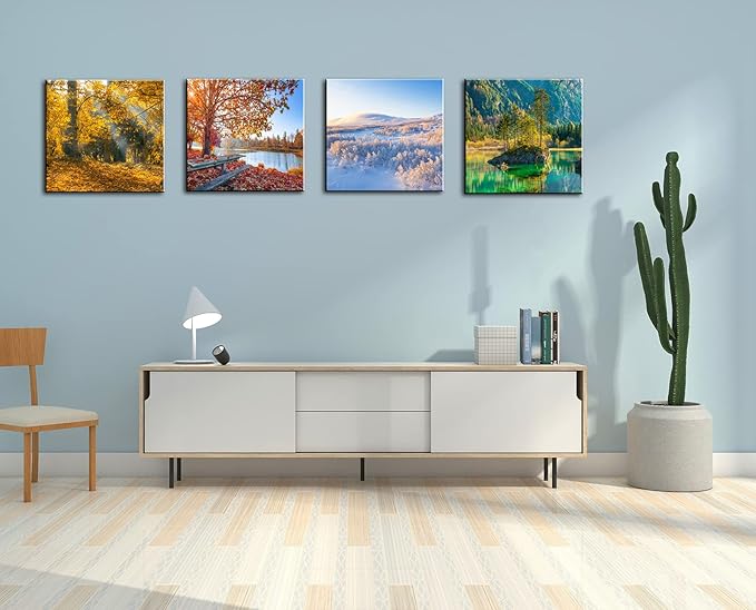 OKEXCKK Four Seasons Landscape Canvas Wall Art Decor - Spring Summer Autumn Winter Colorful Tree Painting Modern Nature Forest Prints Artwork Picture for Bathroom Office Decoration 16"x16"x4 Panels