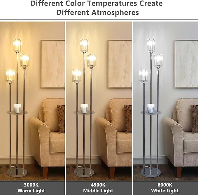 HMVPL Crystal Floor Lamps for Living Room, Modern Floor Lamp with Shelves, 3-Lights Standing Lamp with Crystal Shade, On/Off Foot Switch, Silver Corner Floor Lamp for Bedroom Living Room Office(66")