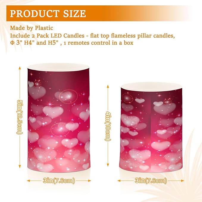 ALAZA Hearts Pink Background Flickering Flameless Candles Battery Operated with Remote Timer,Tea Light Candles LED Pillar Votive Candles Set of 2 for Outdoor Indoor Decorations