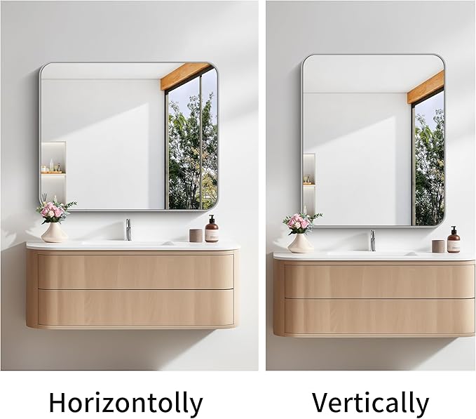 FORBATH 30x36 Inch Silver Bathroom Mirror for Over Sink, Large Rectangular Wall Mirror with Metal Frame, Rounded Corners for Bathroom, Bedroom, Entryway Decor (Horizontal or Vertical)