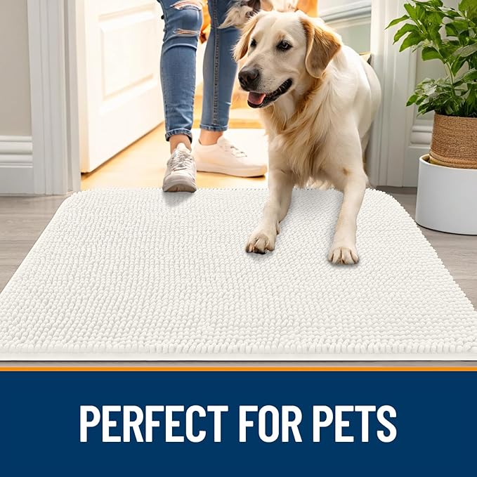 OLANLY Dog Door Mat for Muddy Paws 59x20, Absorbs Moisture and Dirt, Absorbent Non-Slip Washable Doormat, Quick Dry Chenille Mud Mat for Dogs, Entry Indoor Entryway Carpet for Inside Floor, Ivory