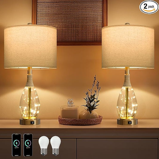OYEARS 23" Table Lamps for Living Room Set of 2 Bedside Lamps for Night Stands Bedroom Lamps Farmhouse Rattan Boho Lamp Glass Nightlight End Table Lamp with USB C+A (Gold),Two Light Points