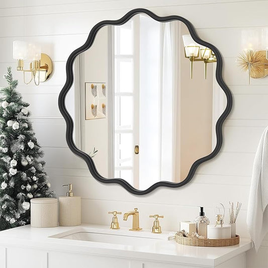 PROHOMEWARE Black Round Mirror 30 Inch Wavy Bathroom Vanity Mirror Black Frame Modern Wall Mirror Decorative Wall-Mounte Anti-Rust, Tempered Glass