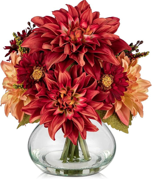 Briful Faux Fall Flowers in Vase, Artificial Dahlia & Mum Silk Floral Arrangement with Clear Glass Vase Fake Autumn Flowers Bouquet for Home Office Dining Room Table Centerpiece Decoration