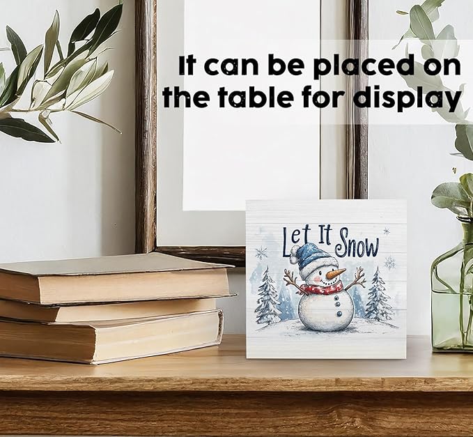 Let It Snow Sign, Christmas Snowman Wooden Box Sign, Farmhouse Winter Wood Signs For Home Office Desk Shelf Table Decor, Snowman Christmas Decorations, Winter Home Decor, 5x5 Inch