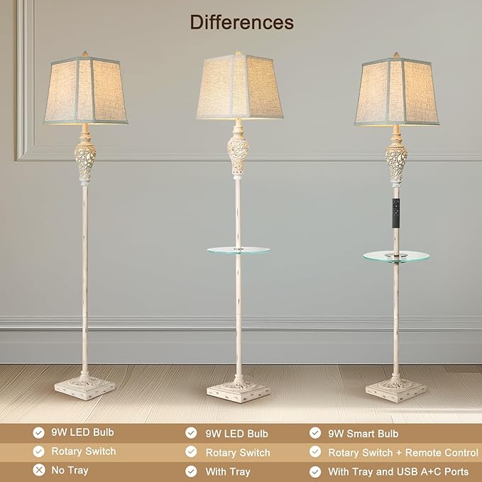 Vintage Floor Lamp with Nightlight and Glass Tray, Farmhouse Standing Lamp with White Washed Finish and Linen Shade, 65" Rustic Tall Lamp Decor for Living Room, Bedroom, Office, House (Bulb Included)