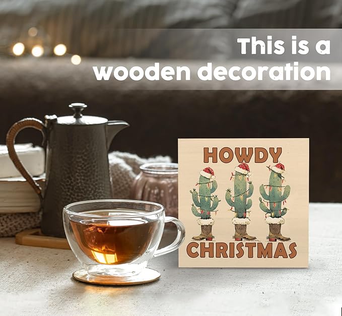 Howdy Christmas Western Cactus Cowgirl Boots Wooden Box Sign, Country Christmas Wood Signs For Home Office Desk Shelf Table Decor, Western Decorations, 5x5 Inch