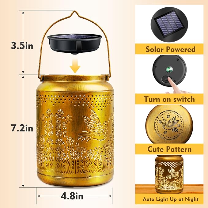Hyrion Hummingbird Solar Lanterns Outdoor Waterproof Metal Hanging Lights, Garden Decor Gifts for Women, Mom, Grandma Solar Decorations for Yard, Patio, Backyard, Porch, Lawn, Tabletop (2 Pack)