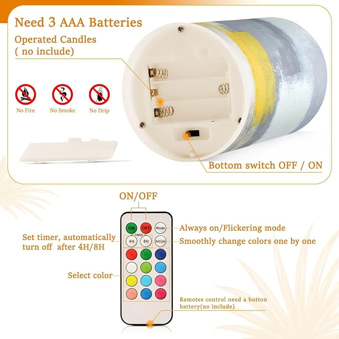 ALAZA Grey and Yellow Abstract Art Painting Flickering Flameless Candles Battery Operated with Remote Timer,Tea Light Candles LED Pillar Votive Candles Set of 2 for Outdoor Indoor Decorations