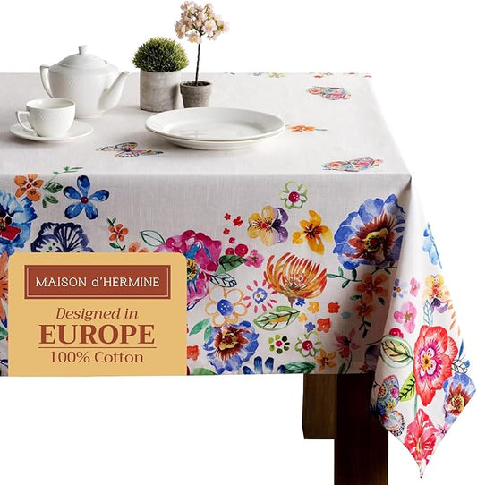 Maison d' Hermine Table Cloth Rectangle Table 100% Cotton 60 x 90 Inches Tablecloth Reusable for Dining Room, Farmhouse, Home, Party, Festive & Wedding Spring Summer - Happy Florals - High Summer