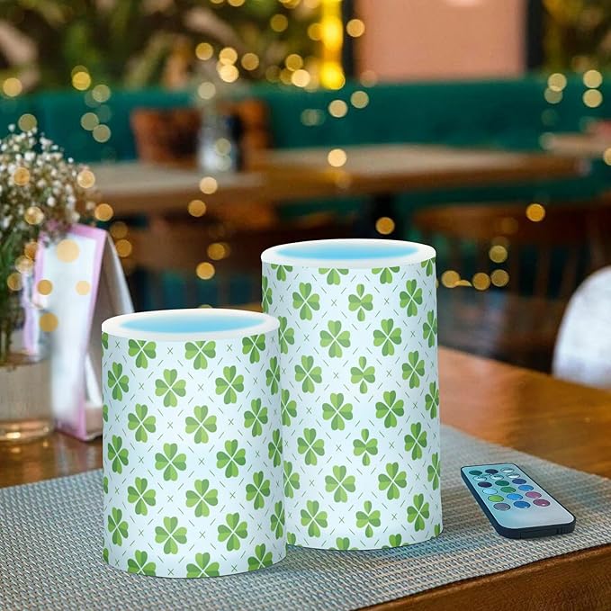 ALAZA St Patricks Day Clover Leaves Shamrocks Flickering Flameless Candles Battery Operated with Remote Timer,Tea Light Candles LED Pillar Votive Candles Set of 2 for Outdoor Indoor Decorations