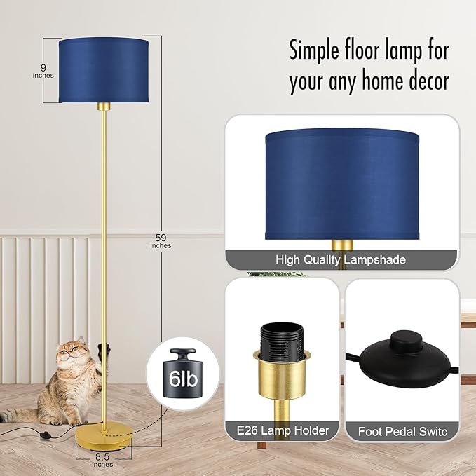 Floor Lamp Blue, Standing Lamp, 58" Tall Floor Lamp with Lampshade, Foot Pedal Switch, Modern Simple Floor Lamps for Living Room/Bedroom/Den/Classroom, Gold Lamp for Boys' Gift(Without Bulb)