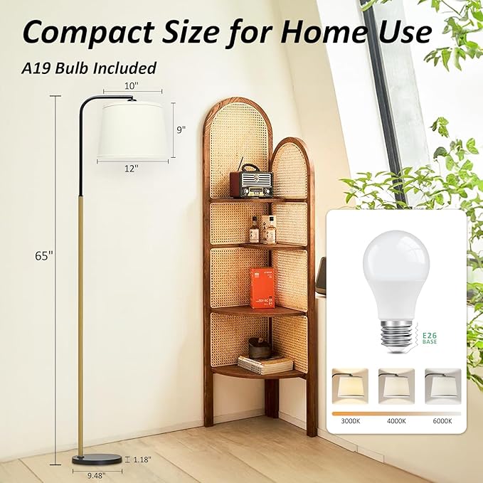 AKASUKI Floor Lamp for Living Room with 3 Color Temperatures, Foot Switch Standing Lamps for Living Room, Bedroom, Office, Arc Mordern Floor Lamp with 9W LED Bulb Included