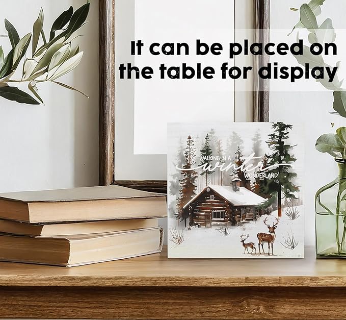 Winter Sign, Winter Christmas Reindeer Wooden Box Sign, Farmhouse Xmas Decorations, Wonderland Decorations, Christmas Wood Signs for Home Office Desk Table Shelf Decor, 6x6 Inch
