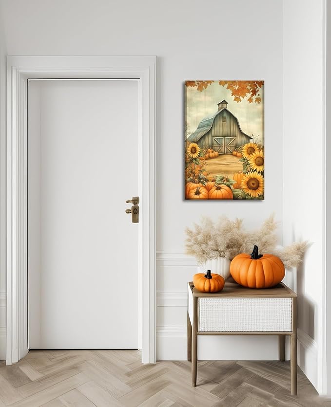 LYUNSHUO Canvas Wall Art Pumpkin Wall Decor Rustic Farmhouse Picture Old Barn Painting Sunflower Poster Autumn Harvest Vintage Artwork for Home Decor Frame - 24"x36"
