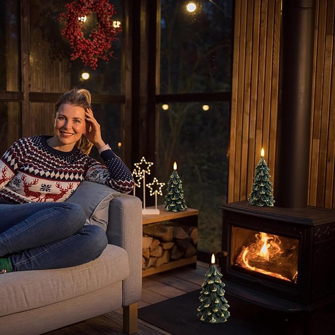 Green Christmas Tree Shaped Flameless Candles with Timer, Real Wax 3D Wick Flickering Battery Operated LED Candles for Christmas Home Party Decoration Set of 3