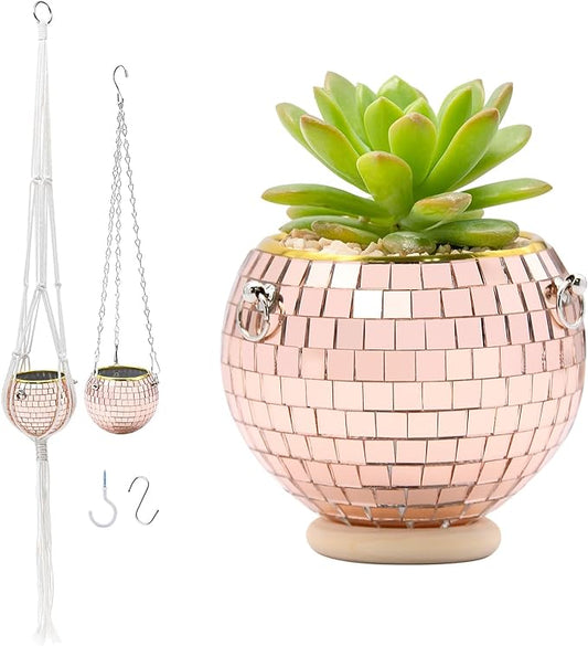 Disco Ball Planter, 1pcs 4" Rose Gold Disco Ball Planter, Disco Ball Plant Hanger with Hanging Rope, Hanging Chain, Hook, Circle and Extra Mirror Pieces (4" Rose Gold, 1pcs)