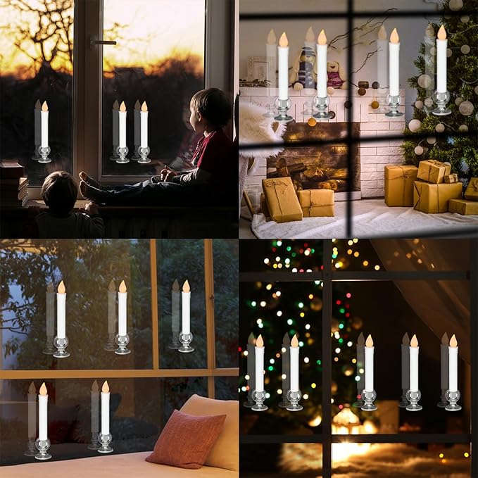 DRomance 9" Flameless Window Taper Candles Battery Operated with 8-Key Remote and Timer, 8 Pack White Christmas Holdiay Window Candles with Silver Holders, Suction Cups and AA Batteries Included