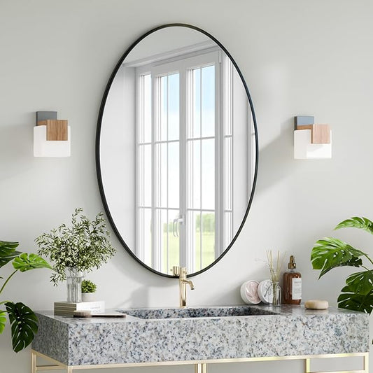 24"x36" Oval Bathroom Mirror with Black Metal Frame - Oval Wall Mirror Hanging or Leaning Vertical or Horizontal for Bedroom, Living Room, Entryway