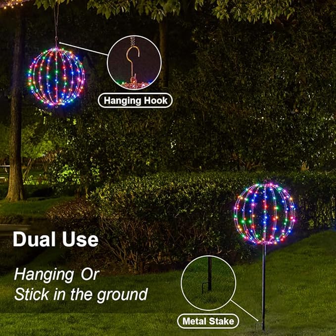 Christmas Ball Sphere, 10IN 48LED Hanging Tree and Pathway Light With Hook and Stake, Foldable Metal Frame Ball for Outdoor Garden, UL Listed, White Frame, RGB