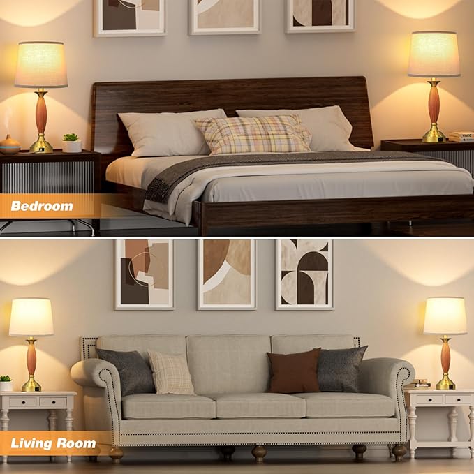 Seealle Lamps for Bedrooms Set of 2 - Touch Bedside Lamp with USB C+A, 3 Way Dimmable Nightstand Lamps with USB Port, Wood Table Lamp for Living Room Guest Room Bed Side End Table(Bulbs Included)
