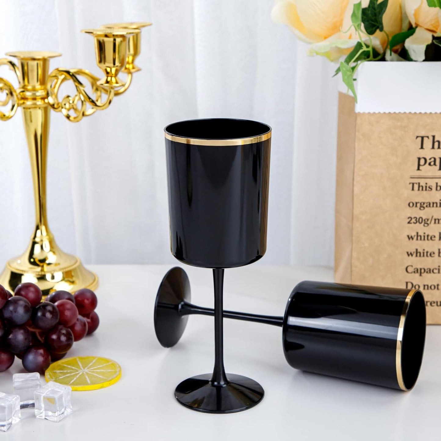 Ciaell 12 Pack 10 OZ Black Plastic Wine Glasses with Stem - Black and Gold Disposable Wine Glasses Perfect for Parties & Weddings & Toasting & Outdoors & Camping & Halloween