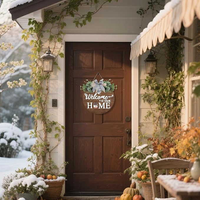 Interchangeable Welcome Sign for Front Door Decoration Rustic Round Wood Wreaths Wall Hanging Farmhouse Porch Decoration Seasonal Wooden Home Sign Home Decoration